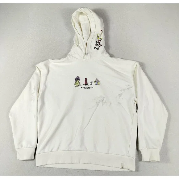 Scotch & Soda Hoodie‎ Mens Medium White Graphic Pullover Fleece Cartoon Thrashed - Picture 2 of 11